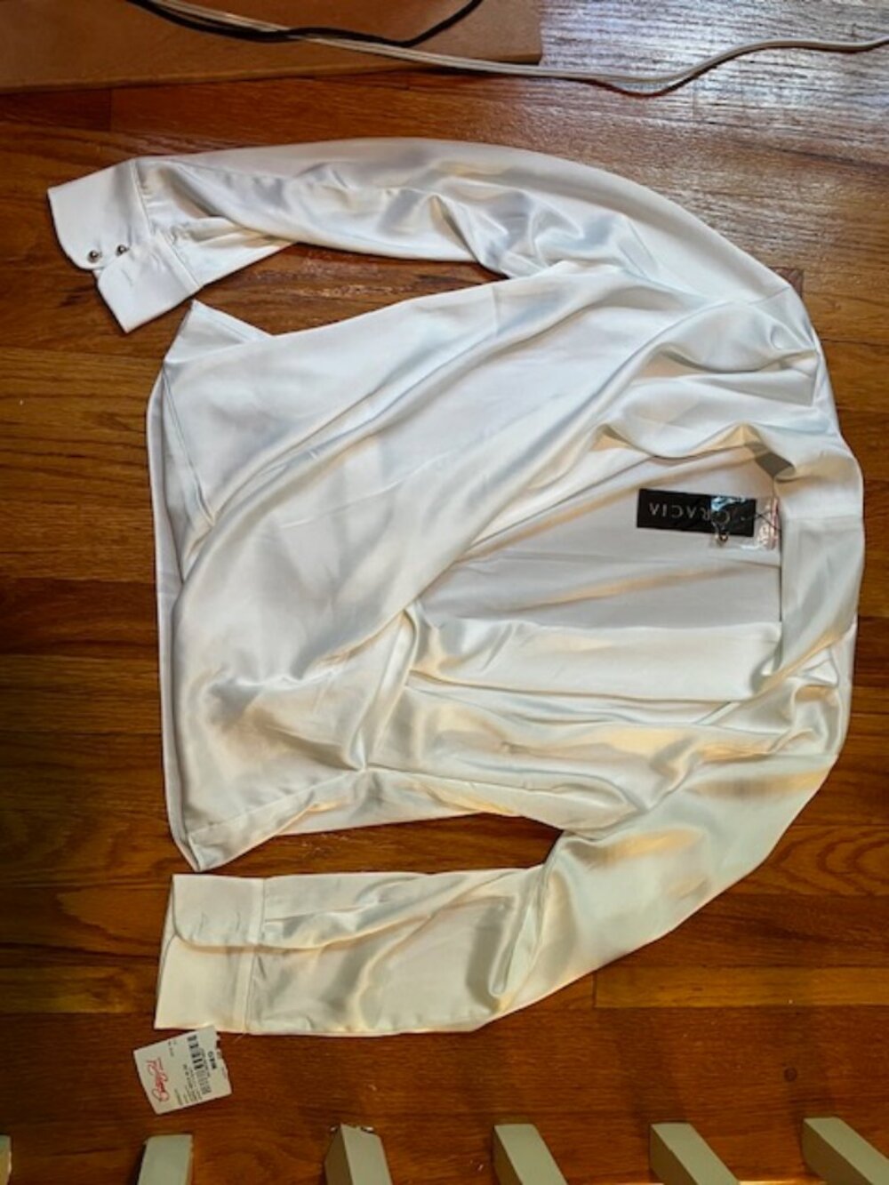 Gracia white silky long-sleeve wrap style top